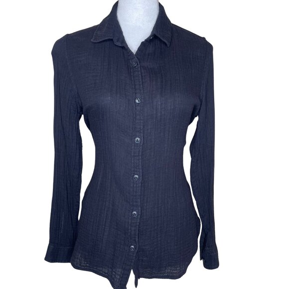 rag & bone Tops - rag & bone Black Faux Linen Crinkled Button Down Top Blouse Shirt Large